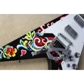 Custom Shop Black Flower Jimi Hendrix Flying V Electric Guitar Bigsby Tremolo