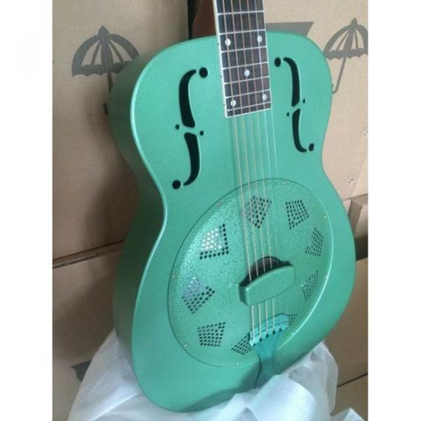 Green Brass Body O Single Cone Acoustic Resonator Resophonic Guitar #1 image