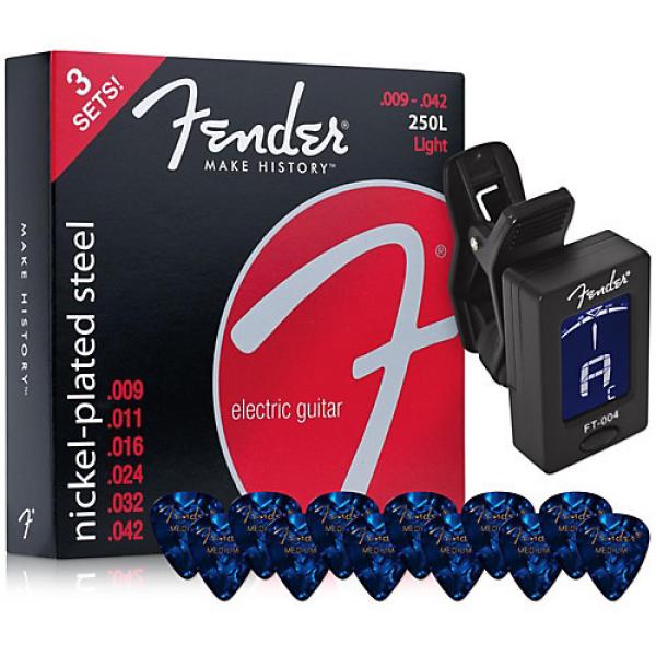 Fender 250R Super Electric Guitar Strings 3-Pack, Clip-On Tuner and 12-Pack 351 Premium Celluloid Medium Blue Guitar Picks Package #1 image