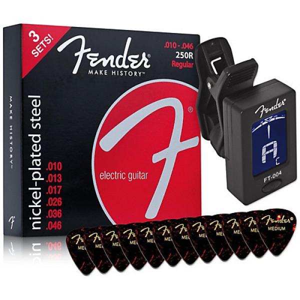Fender 250L Super Electric Guitar Strings 3-Pack Clip-On Tuner and 12-Pack Tortoiseshell Picks Package #1 image