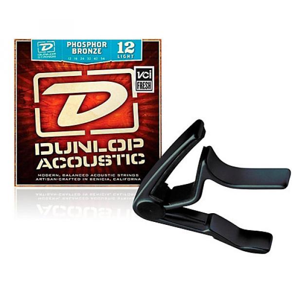 Dunlop Trigger Curved Black Capo and Phosphor Bronze Light Acoustic Guitar Strings #1 image