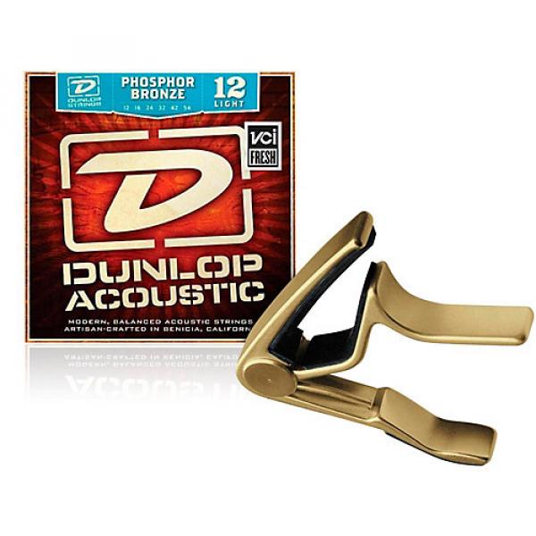 Dunlop Trigger Curved Gold Capo and Phosphor Bronze Light Acoustic Guitar Strings #1 image