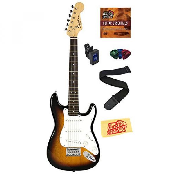Squier by Fender Mini Strat Electric Guitar Bundle with Clip-On Tuner, Strap, Picks, Austin Bazaar Instructional DVD, and Polishing Cloth - Sunburst #1 image