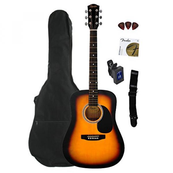 Fender Squier Dreadnought Acoustic Guitar Bundle with Gig Bag, Tuner, Strap, Strings, and Picks - Sunburst #1 image